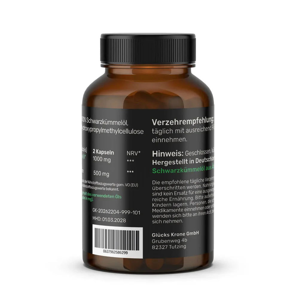 Schwarzes Gold - Schwarzkümmelöl 40.000+ Thymochinongehalt - 60 Kapseln